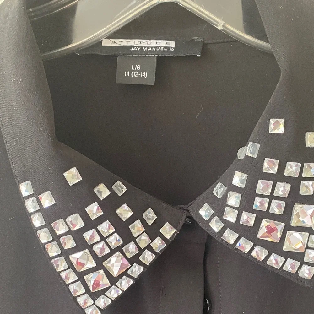 Chic Black Button Down Shirt with Embellished Collar - Picture 2 of 3